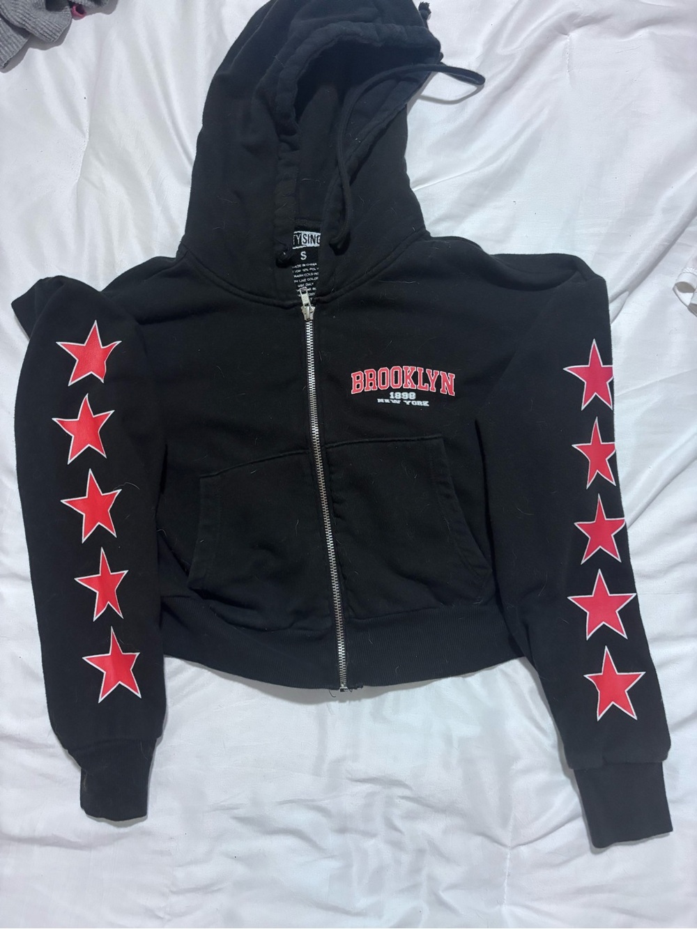 Thirty Single Black Zip-Up Hoodie with Red Star Sleeve Accents